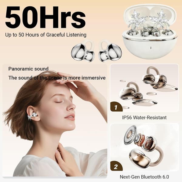 Trådløse Bluetooth-ørepropper - kommer med avtakbare glitrende sommerfugløreringer, 50 timers spilletid Beige