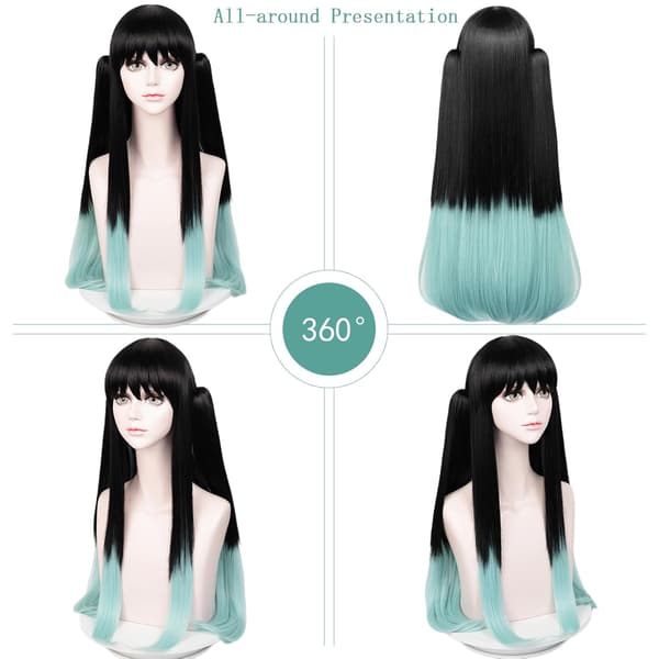 Anime-stil sort og blå cosplay-paryk, langt glat hår