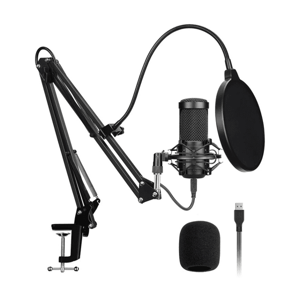 USB-mikrofonsæt til podcasting med stødsikkert stativ og popfilter