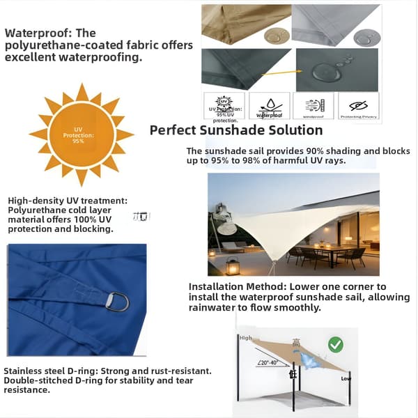 Firkantet solseil, 420D polyesterstoff, vanntett, soltett og regntett (2x2M) Gray