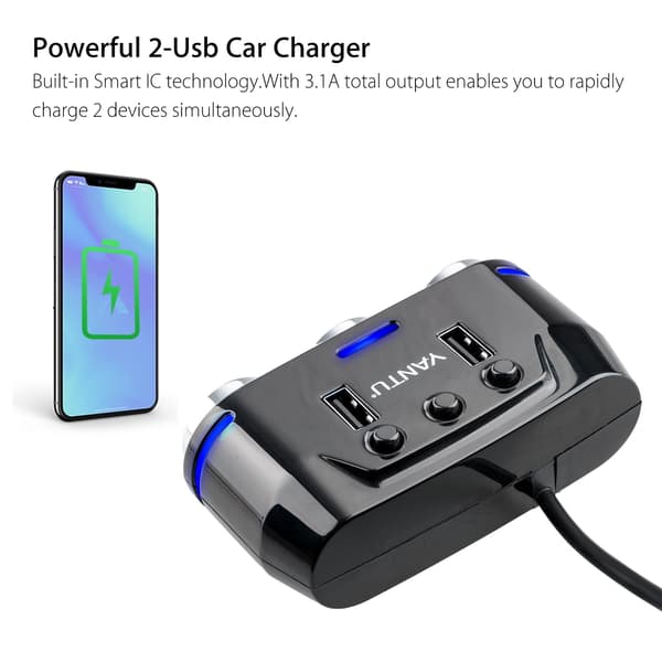 Dual USB Biloplader 12/24V, Strømadapter med Trevejs Cigarettænder Splitter