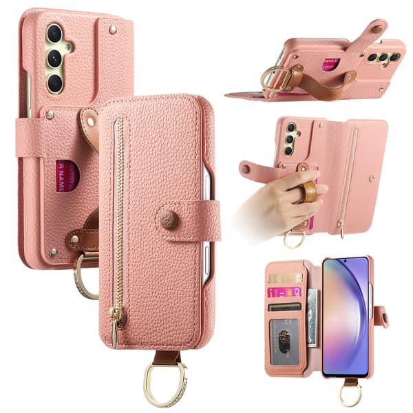 Etui til Samsung Galaxy S24, med ringespænde til håndledsrem, i læder pink