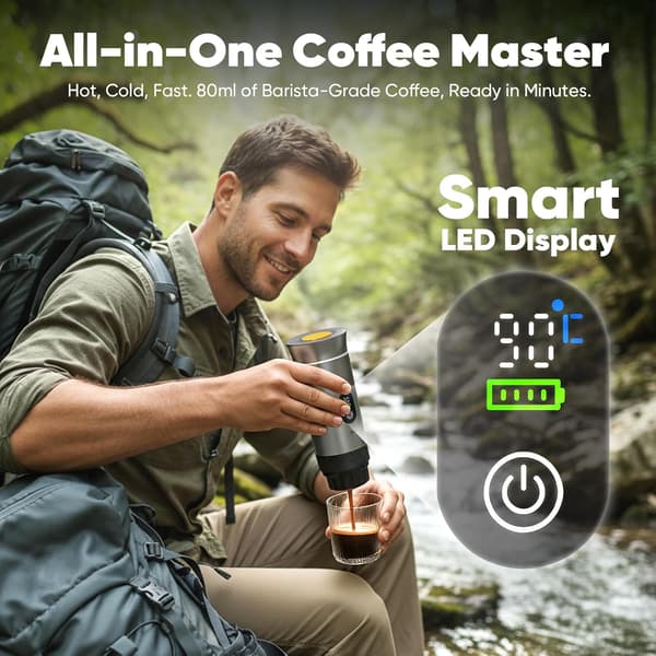 Bærbar 3-i-1 espressomaskine, genopladelig, med smart display.
