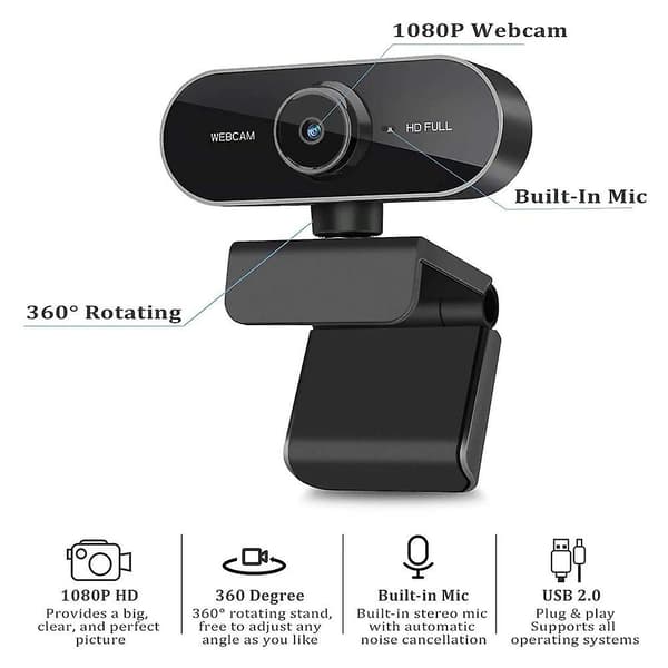 Webcam med mikrofon, 1080p kamera til pc bærbar, USB computerkamera