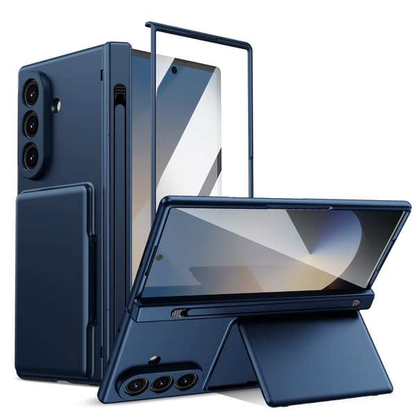 Fodral för Samsung Galaxy Z Fold 6, med inbyggd penna, vikbart stöd och hårt PC-material blå blue