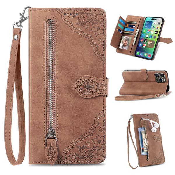 Ægte Læder Flip Wallet Etui til iPhone 17 Pro, Lynlåsholder med Indbyggede Slots Brun Brown