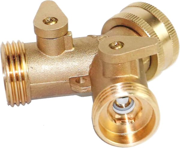 Messing hageslangesplitter (2-veis), solid messing slange Y-splitter 2 ventiler med 2 ekstra gummiskiver (2-pakning)