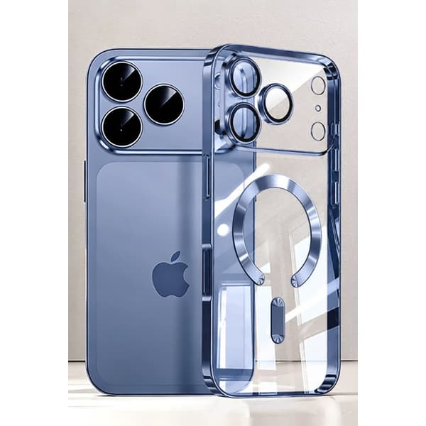 Fodral för iPhone 18 Pro, metallram, kompatibel med magnetisk laddning, blå blue