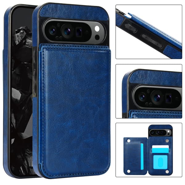 Etui til Google Pixel 9A, læderpung med kortholder blå blue