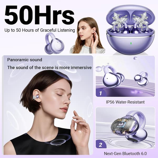 Trådløse Bluetooth-ørepropper - kommer med avtakbare glitrende sommerfugløreringer, 50 timers spilletid Lilla