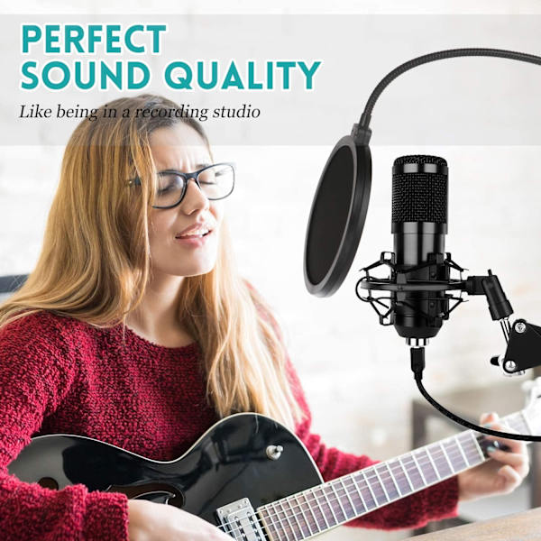 USB-mikrofonsæt til podcasting med stødsikkert stativ og popfilter