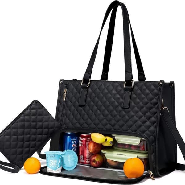 PU Lær Lunsjveske med Isolert Lunsjrom Svart