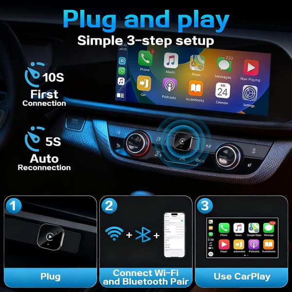 2026 Model 2-i-1 Trådløs CarPlay Adapter – Kablet-til-Trådløs, Plug-and-Play Sort Black