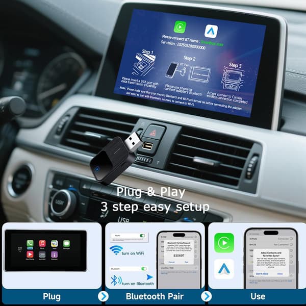Trådløs CarPlay-adapter kompatibel med iPhone og Android; konverterer kablet CarPlay til trådløs CarPlay Sort Black