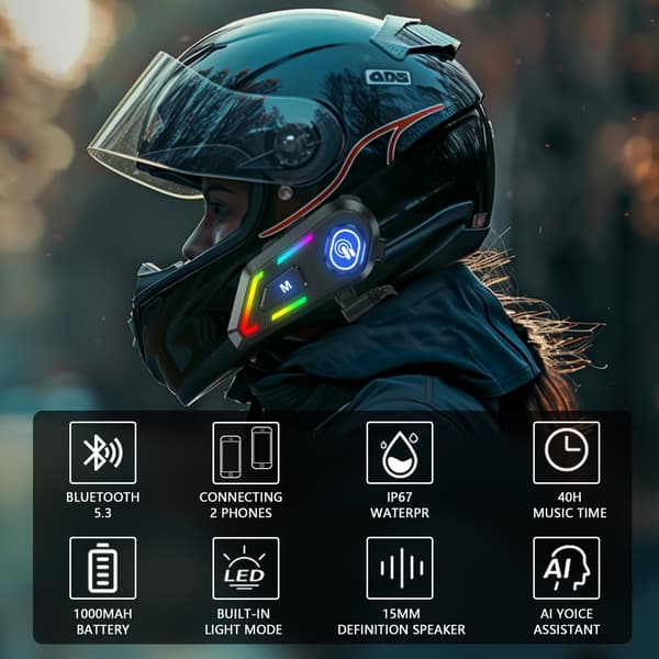 Vandtæt, støjreducerende motorcykelhjelm intercom med farverige LED-lys (sort) Black