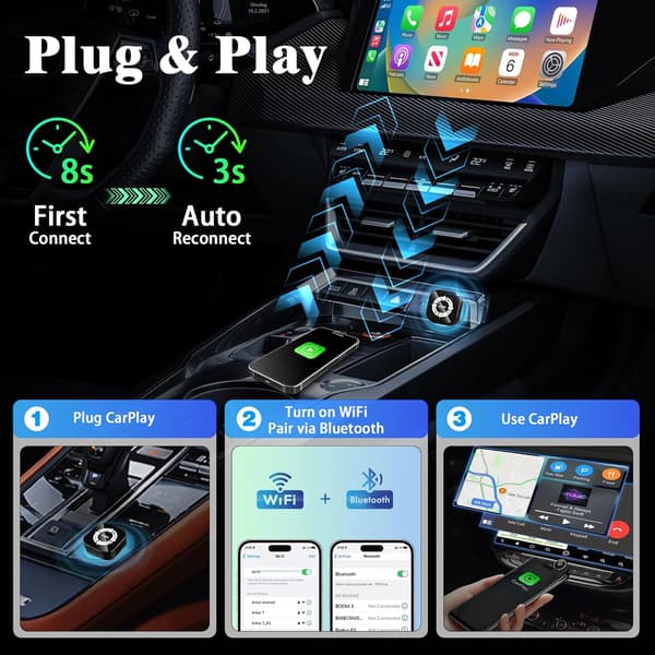 2026 Trådløs CarPlay-adapter (konverterer kablet til trådløs), USB-design, Plug-and-Play, kompatibel med iPhone og Android Sort Blå Black Blue