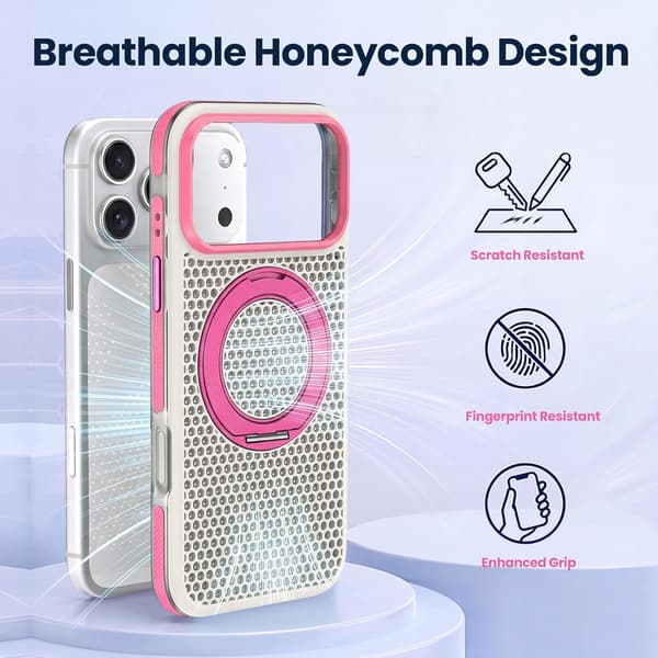 Etui til iPhone 17 Pro Max, Magnetisk 360° Roterende Støttefod, Honeycomb Udskåret Bagpanel hvid white