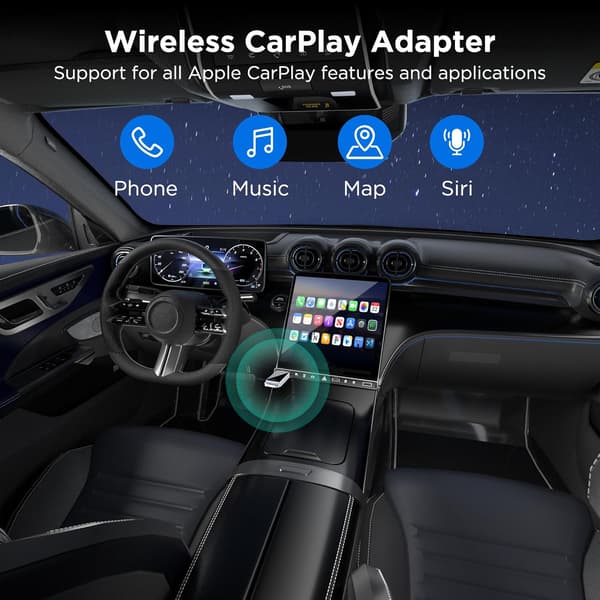 Trådlös CarPlay-adapter, plug and play, stöder Bluetooth 2.4GHz och Wi-Fi 2.4+5.8GHz dubbla band