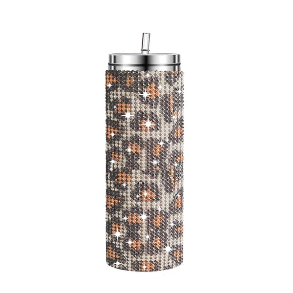 Glittrig isolerad mugg i rostfritt stål med sugrör, lock och borste (20 oz) Leopardmönster