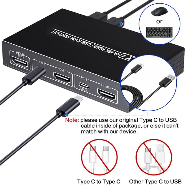 HD HDMI KVM, 1 skjerm, 2 datamaskiner, 4K@60Hz plug-and-play KVM