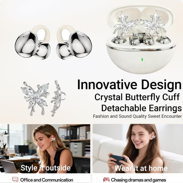 Trådløse Bluetooth-ørepropper - kommer med avtakbare glitrende sommerfugløreringer, 50 timers spilletid Beige