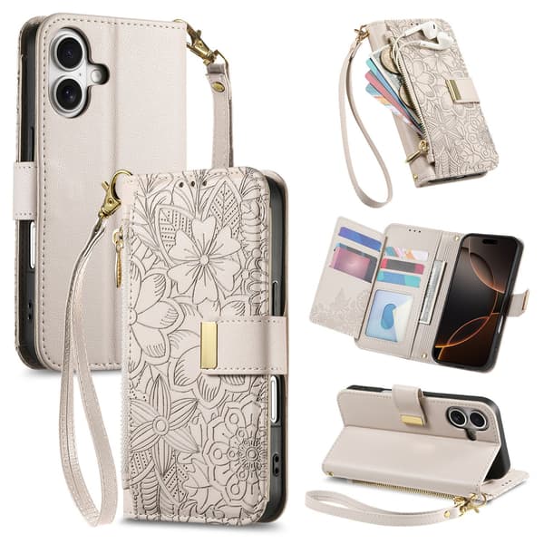 Etui til iPhone 15 Pro Max, PU læder flip-etui med kortholder og håndledsrem Off-white Off-white