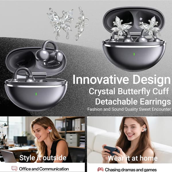 Trådløse Bluetooth-ørepropper - kommer med avtakbare glitrende sommerfugløreringer, 50 timers spilletid Svart
