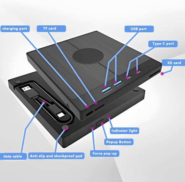 Ekstern CD/DVD-brenner - med USB-hub, lese-/skrivefunksjon