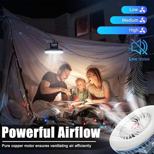 Bærbar campingventilator med LED-lys, USB genopladelig og krog. blue