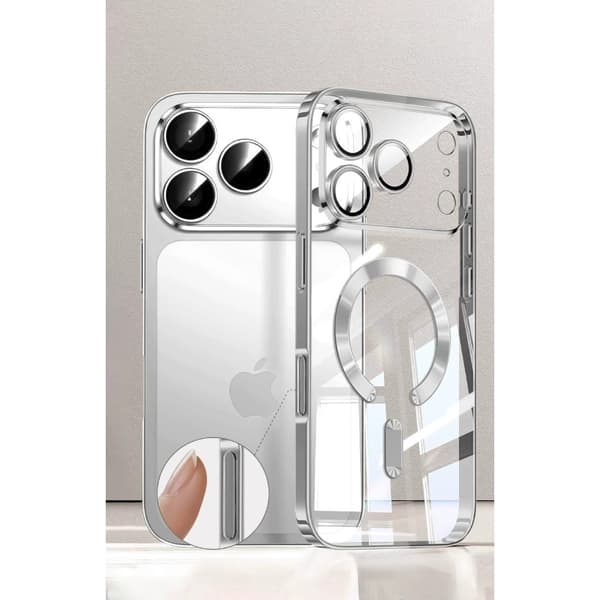 Deksler til iPhone 18 Pro Max, metallramme, kompatibel med magnetisk lading, sølv silver