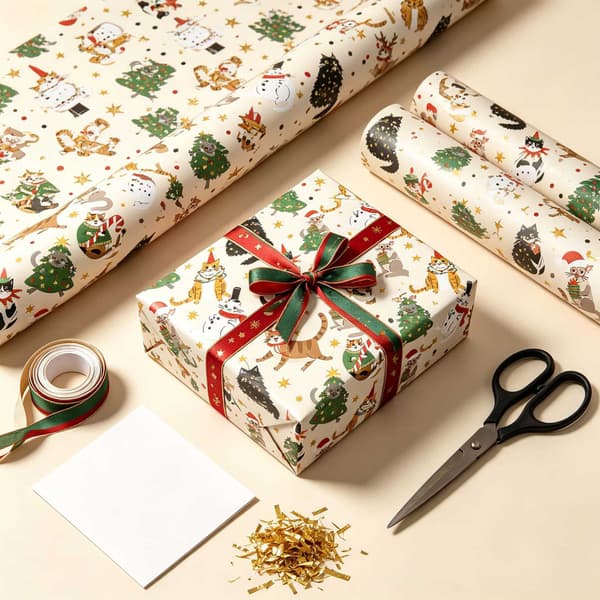 Julklappspapper, presentpapper, 1 rulle (43 x 300 cm) julkatt Christmas cat