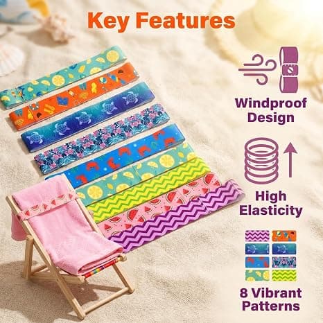 Strandstolhåndklestropper, elastisk polyester, 80 cm når strukket, vindtett og sklisikker, 8-pakning. Flerfarget multicolor