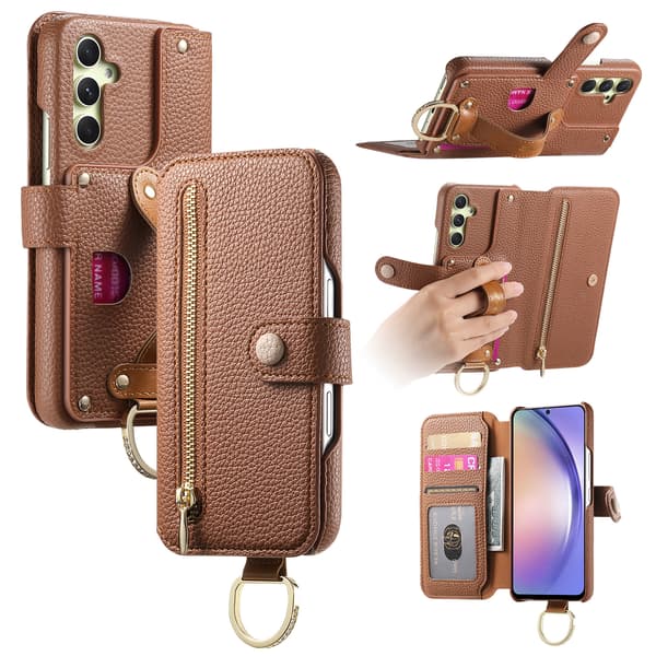 Etui til Samsung Galaxy S24 Plus, med ringfeste for håndleddsrem, i lær brown