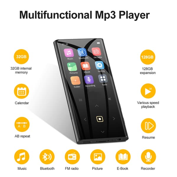 Bærbar Bluetooth MP3-afspiller med touchskærm og 32 GB