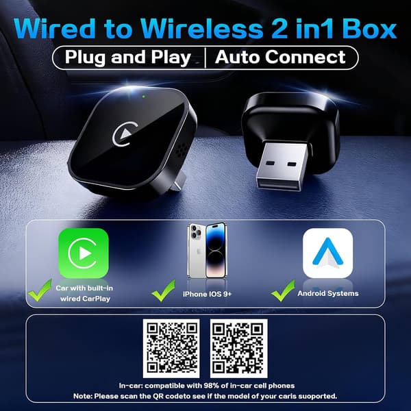 2026 Model 2-i-1 Trådløs CarPlay Adapter – Kablet-til-Trådløs, Plug-and-Play Sort Black
