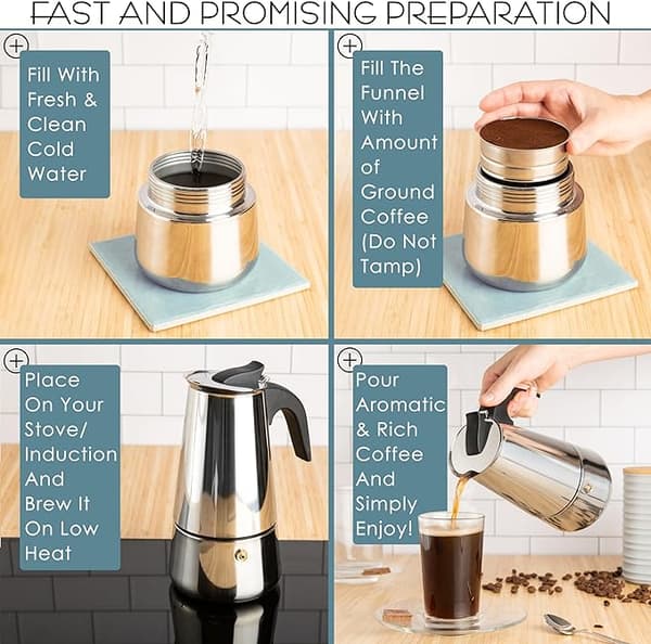 Espressokande til komfur, 450 ml/15 oz, 9 kopper kaffe, rustfrit stål sølv Silver
