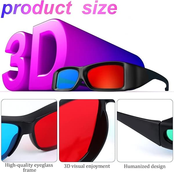 Røde og blå 3D-briller, anti-polariseringsdesign, 3-pak