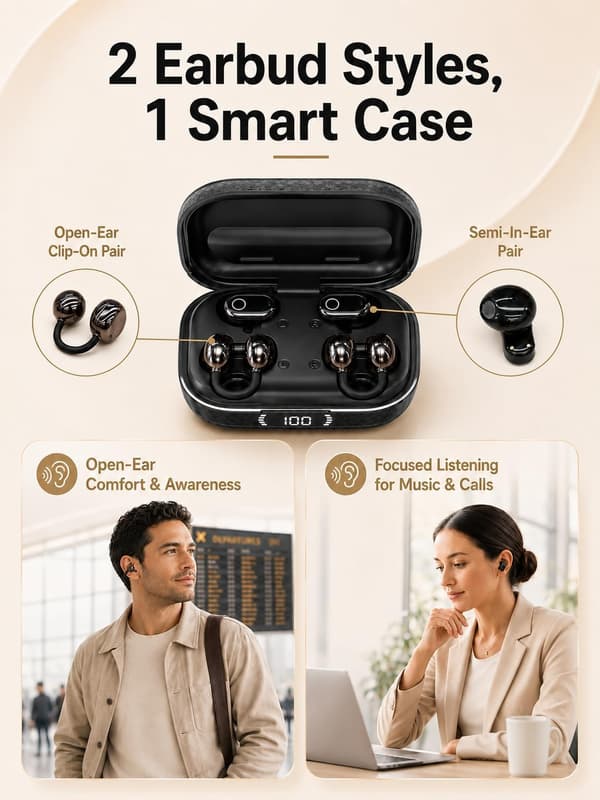 Trådlösa Bluetooth-öronsnäckor – 2-i-1 öppen clip-on & sov-öronsnäckor, brusreducering & extremt lång batteritid 肤色