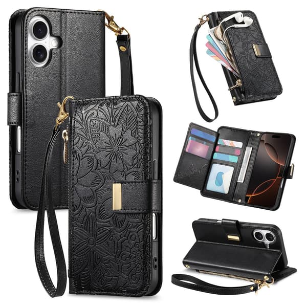 Etui til iPhone 15, PU læder flip-etui med kortholder og håndledsrem Sort Black