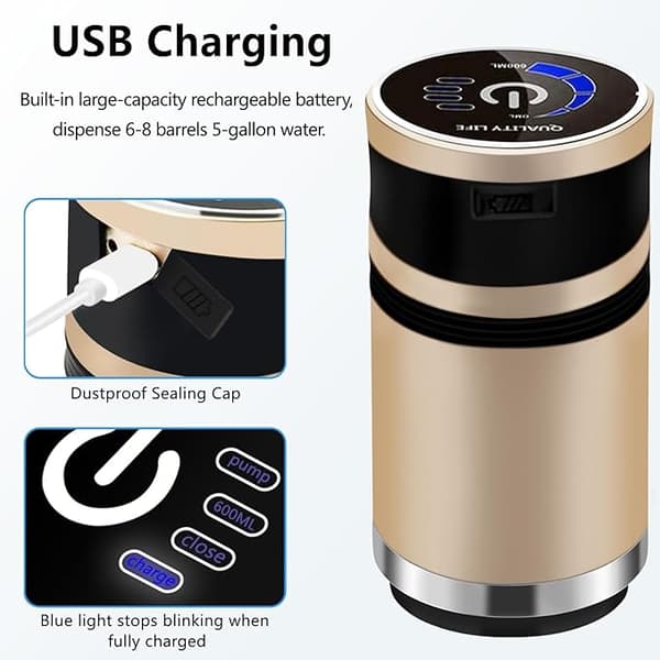 USB Oppladbar Elektrisk Vanndispenser for 5 Gallons Vannkanne, Smart Touch-bryter