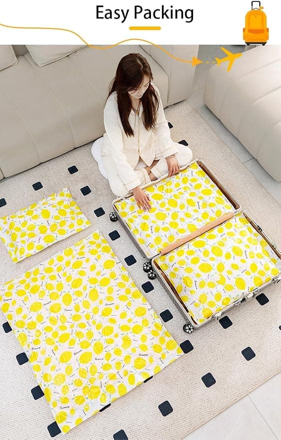 Vakuumförvaringspåsar, (100x70cm) med manuell pump, 7-pack, gul