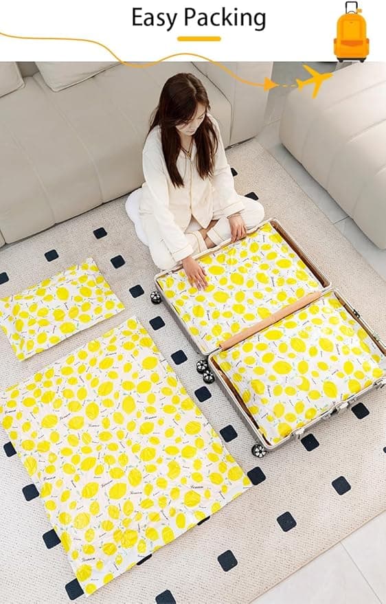 Vakuumförvaringspåsar, (100x80cm) med manuell pump, 7-pack, gul