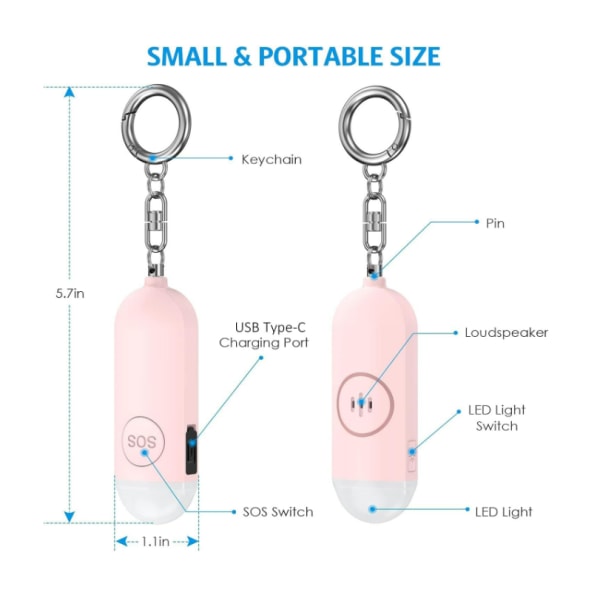 Uppladdningsbart vattentätt personligt larm för kvinnor med LED-ficklampa (rosa)