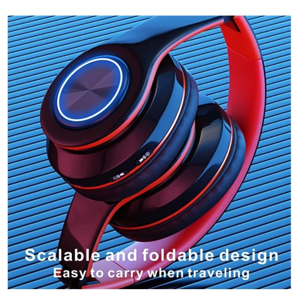 Trådlösa bluetooth hörlurar-Färgglada lampor/hopfällbara/Stor batterikapacitet/Inbyggd mikrofon-Bluetooth 5.0 stereosurround (röd)