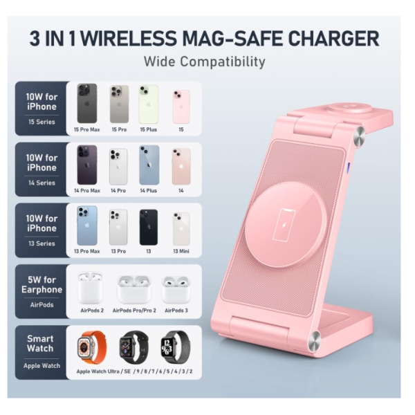Chronus magnetisk reseladdare för iPhone 15-12, watch, AirPods (rosa)