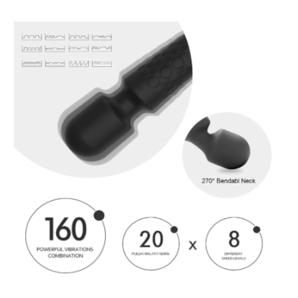 Kraftfull stavmassageapparat med 8 hastigheter 20 vibrationslägen USB uppladdningsbar handhållen sladdlös personlig massageapparat (svart)