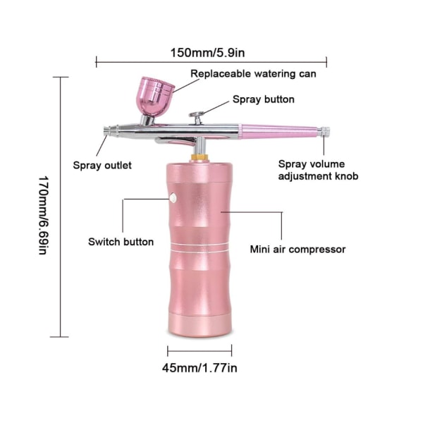 Handhållen Airbrush-sats med minikompressor för smink, tatuering, konst (rosa)