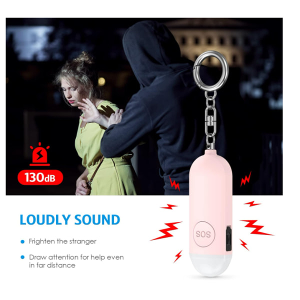 Uppladdningsbart vattentätt personligt larm för kvinnor med LED-ficklampa (rosa)