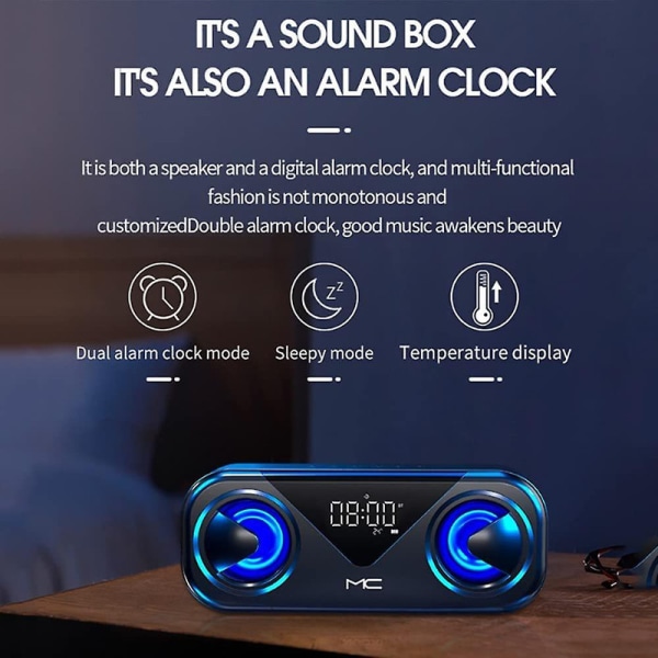 Bluetooth 5.0-högtalare, subwoofer, anpassat larm, 20-timmars uppspelning (svart)