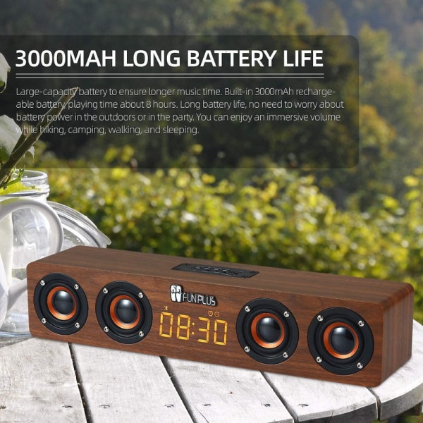 Trådlös Bluetooth högtalare, väckarklocka LED-tidsvisning, superbasstereo i trä, 3000mAh batteri (gul)